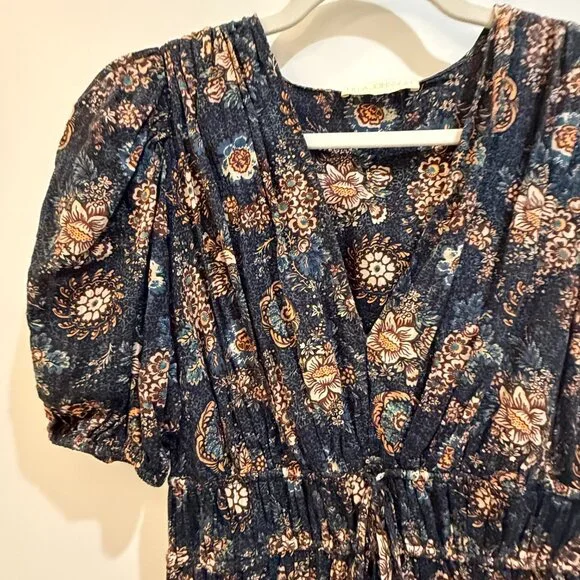 Ulla Johnson Navy Brown Floral Puff Sleeve Midi Dress - Picture 5 of 10
